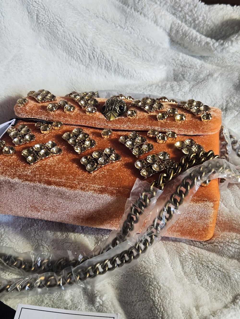 Kurt Geiger Orange Velvet Mini Bag with Crystal Embellishments - Picture 7 of 12